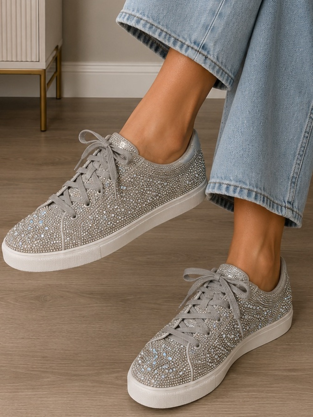 Embellished Gray Women's Lace-Up Sneakers